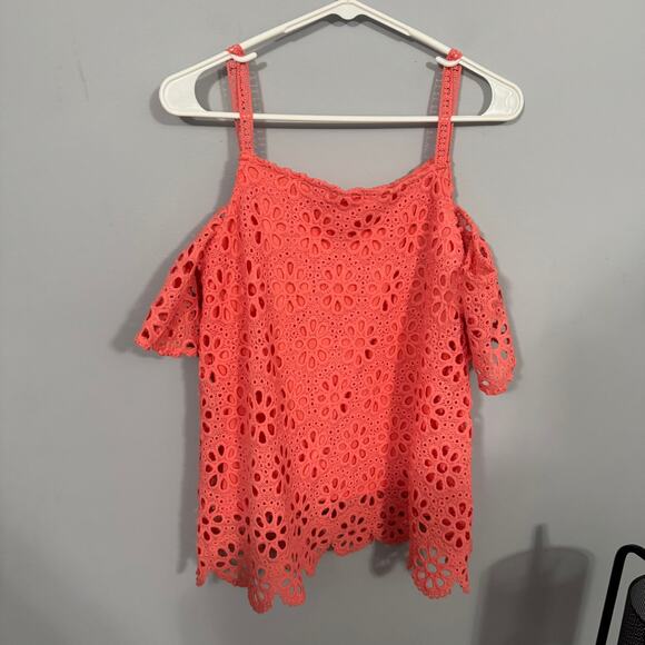 Maurices Coral Orange Cold Shoulder Top Eyelet Floral Design Women's Size Medium - Picture 3 of 8